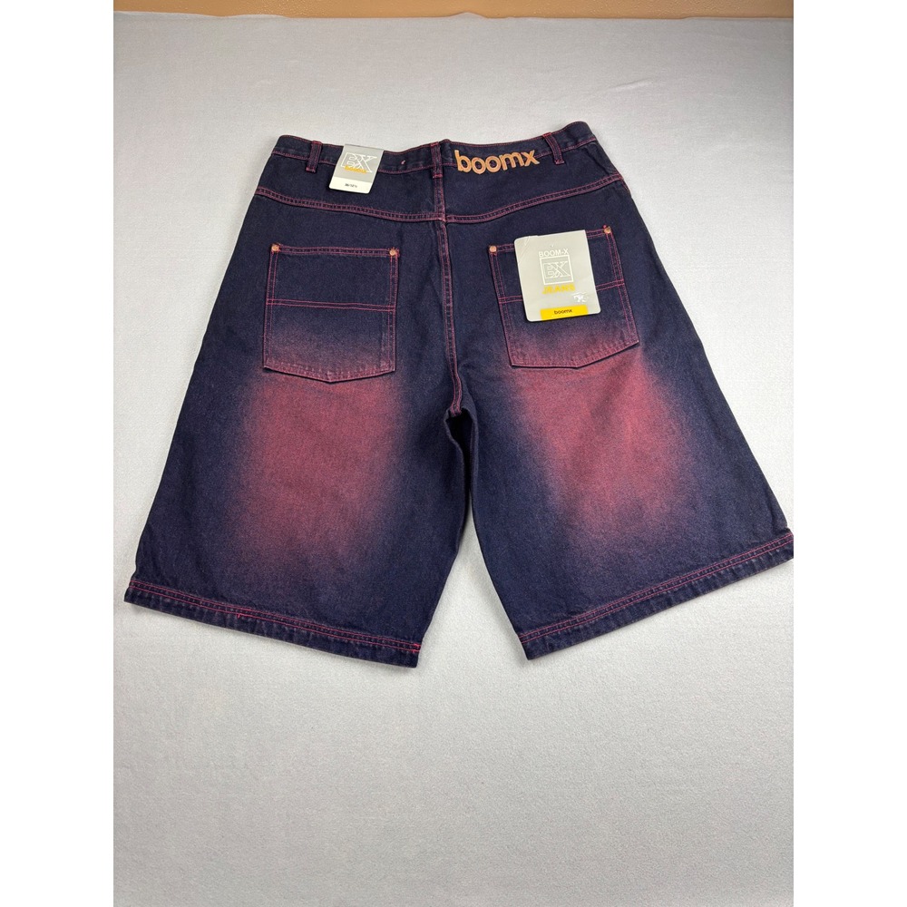 NWT BoomX Vintage Y2K Baggy Denim Jorts Shorts Mens 36 Red Contrast Stitch Fade - Picture 6 of 8